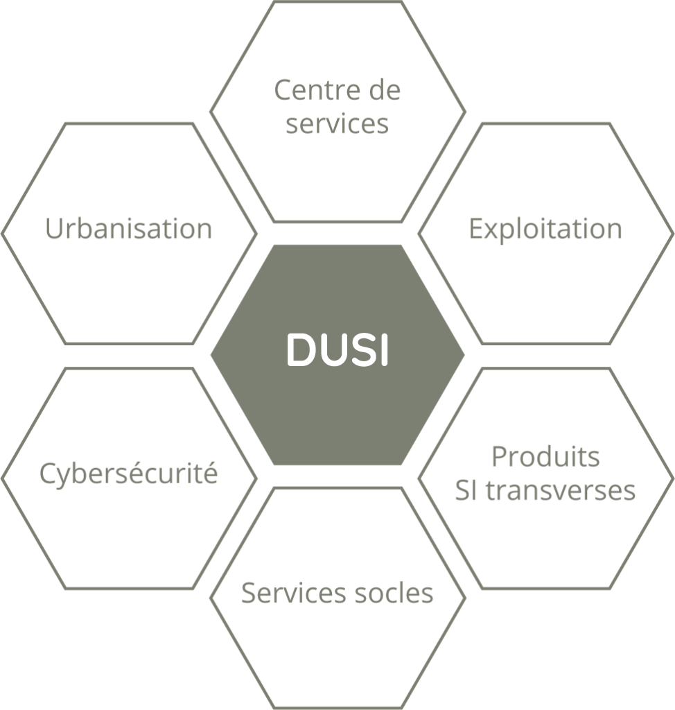 Les rôles du département DUSI ; services socles ; produit SI transverses; cybersécurité ; urbanisation ; exploitation ; centre de services