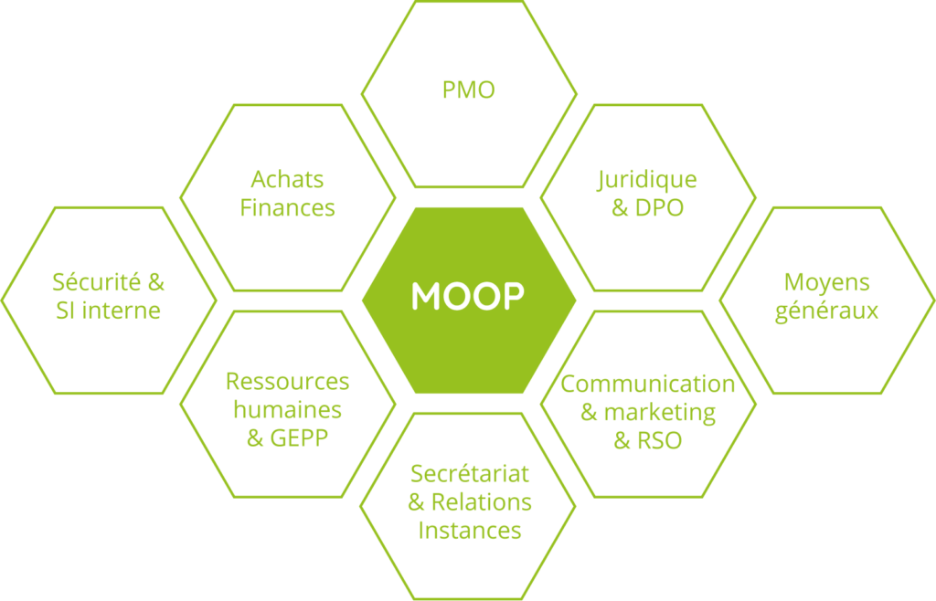 Les différents rôles présent dans le département MOOP ; RH. ; Moyens généraux; sécurité SI interne ; communication marketing RSO; juridique ; fiance et achat etc..