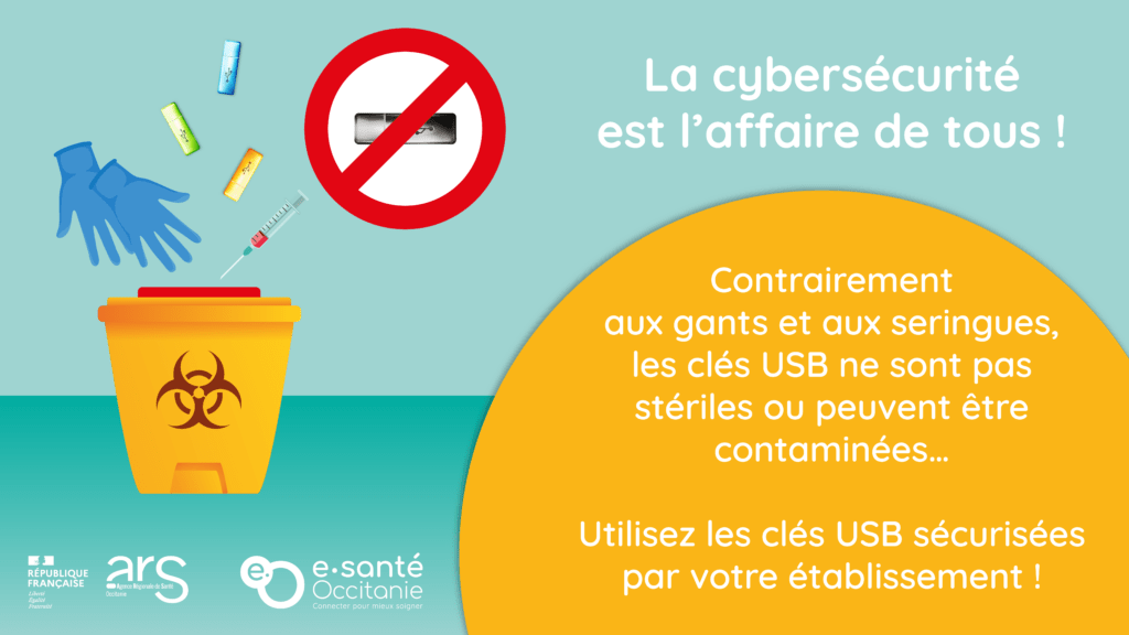 Affiche au format paysage de sensibilisation à la cybersécurité qui incite à utiliser seulement les clés USB sécurisées par votre établissement.