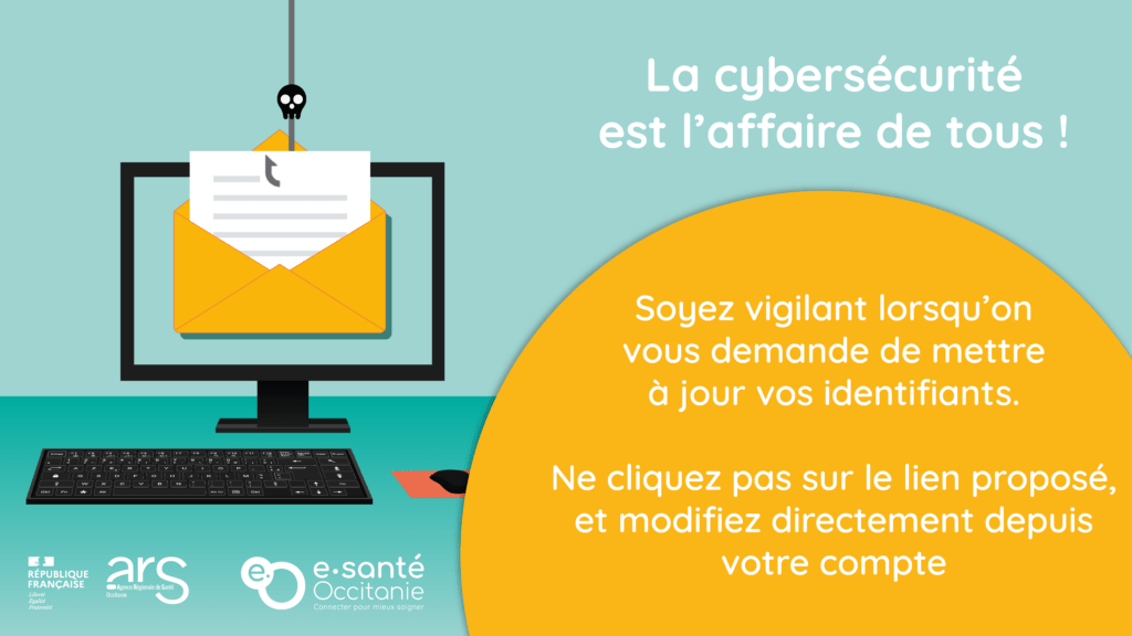 Affiche au format paysage de sensibilisation à la cybersécurité qui incite à ne pas cliquer sur les liens proposés, mais d'aller directement sur son compte concerné.