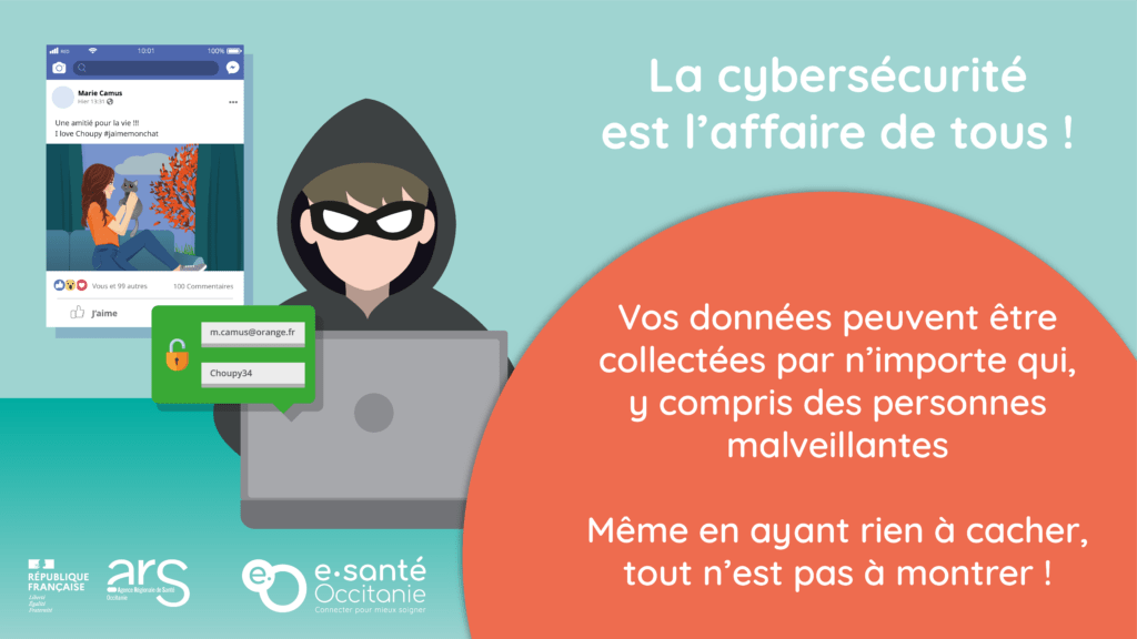 Affiche au format paysage de sensibilisation à la cybersécurité qui incite à faire attention à ce que l'on partage sur les réseaux sociaux.