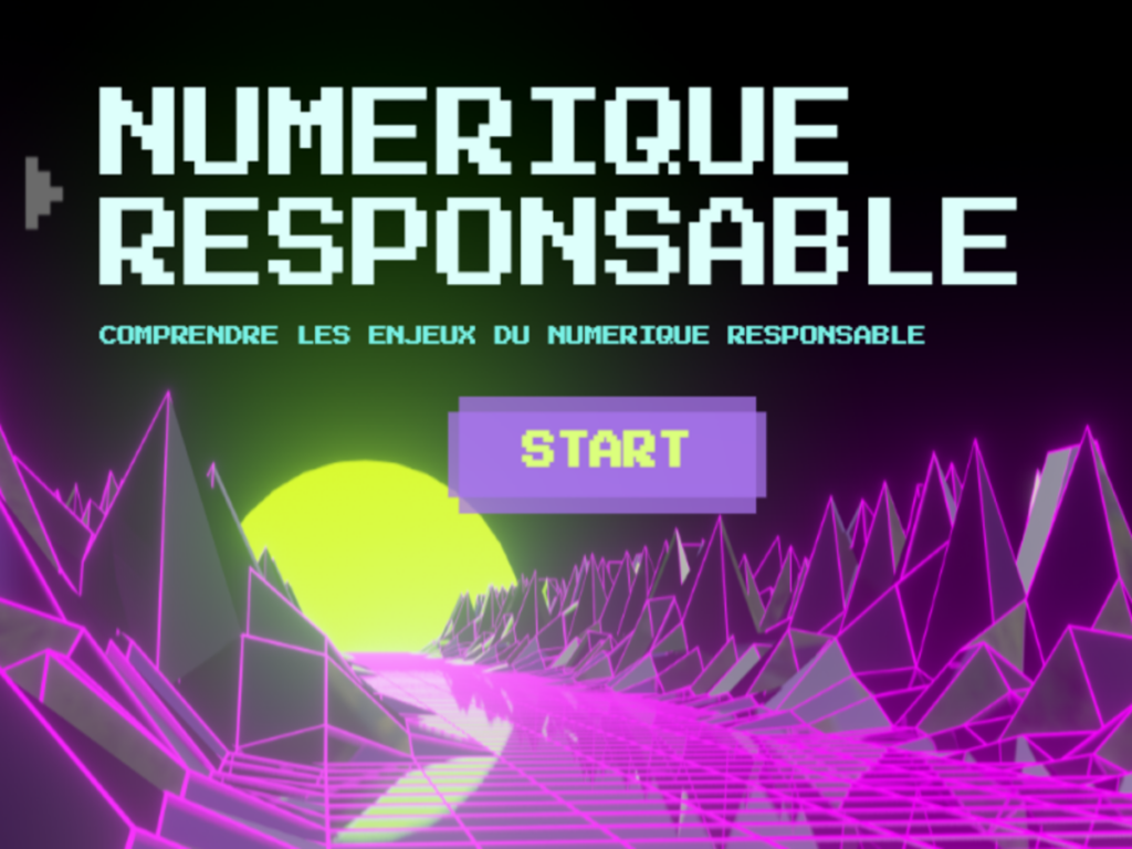 Écran rétro d’un jeu sur le numérique responsable, avec un bouton “Start” et un décor fluo de montagnes et soleil pixelisé.
