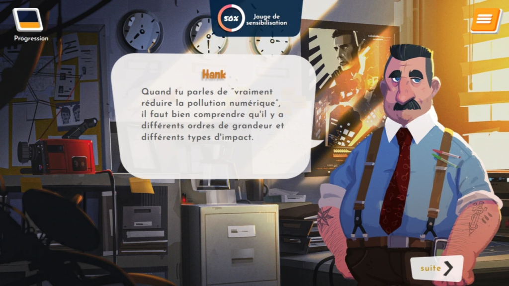 Ecran d'un jeu en ligne sur le numérique responsable, avec un des personnages qui s'adresse à nous
