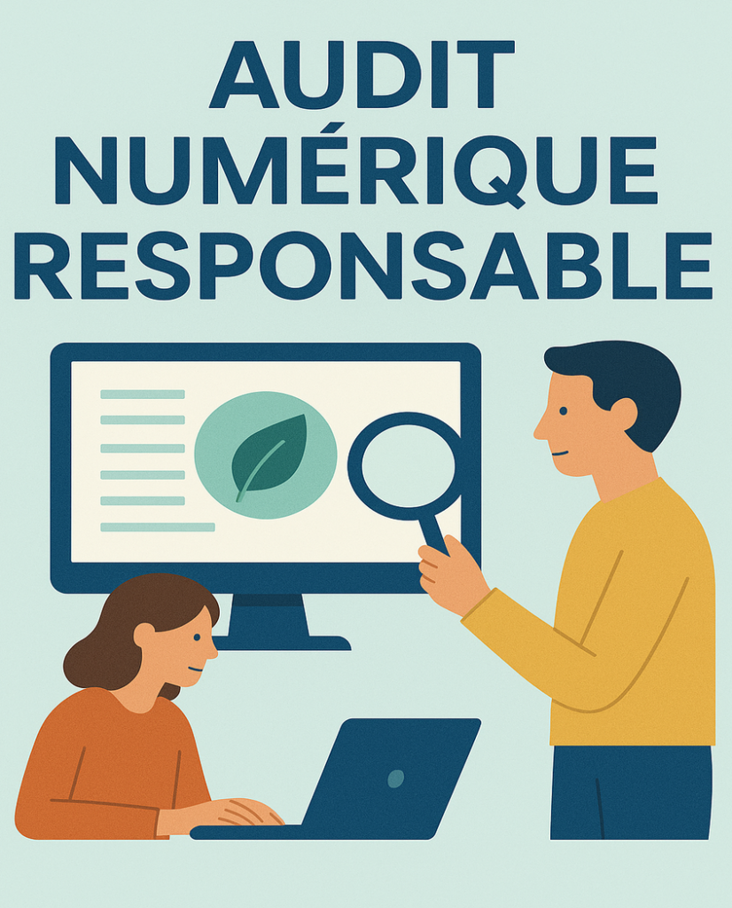 Deux personnes effectuent un audit numérique responsable, l’une sur un ordinateur portable et l’autre examinant un écran avec une loupe, sur fond de couleur claire et le texte "Audit Numérique Responsable"