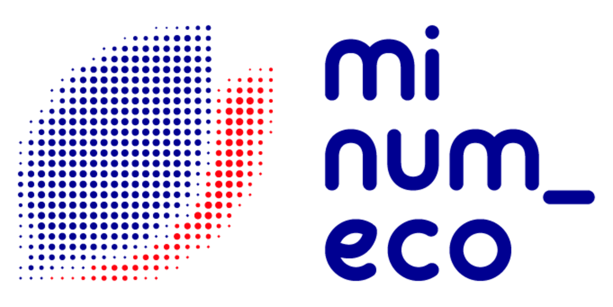 Logo minumeco en bleu à droite et de feuille en pointillé superposée la première bleu la deuxième rouge