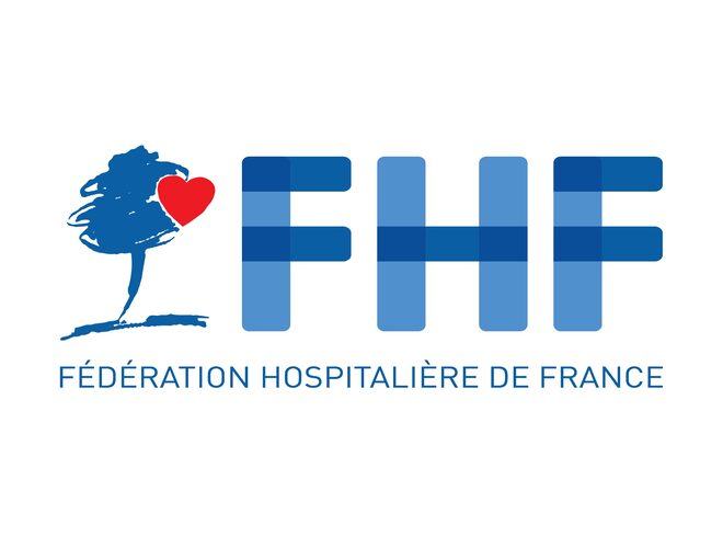 Logo FHF en bleu à sa gauche un arbre bleu avec un cœur rouge en bas est écrit Fédération Hospitalière de France