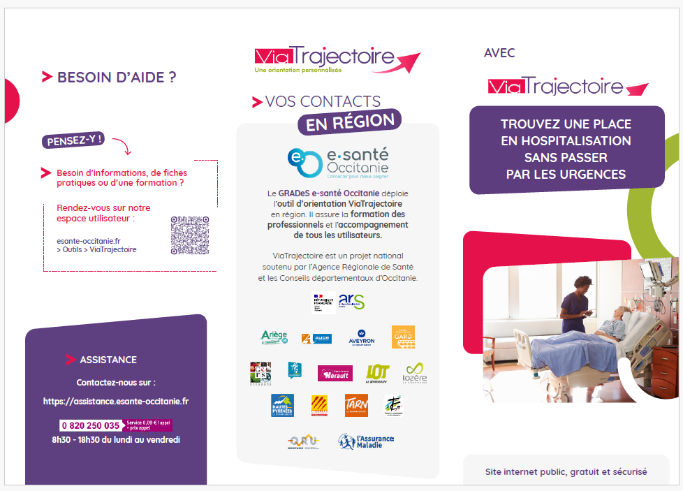 Cette image décrit le module Hospitalisations Non Programmées de ViaTrajectoire. Elle contient du texte écrit, des logos et une photo d'une personne hospitalisée accompagnée par un médecin.