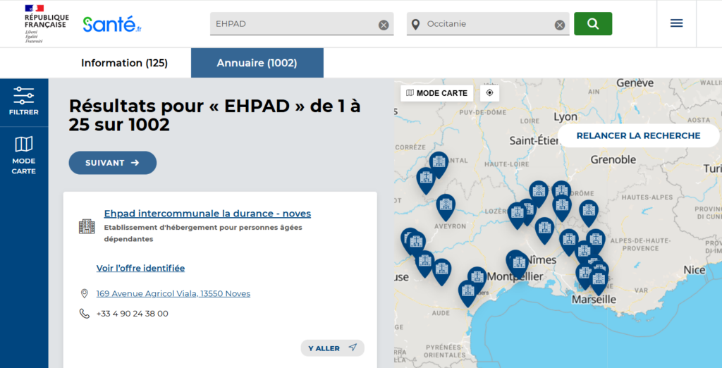 Capture d'écran de la page sante.fr avec un zoom sur les ehpad