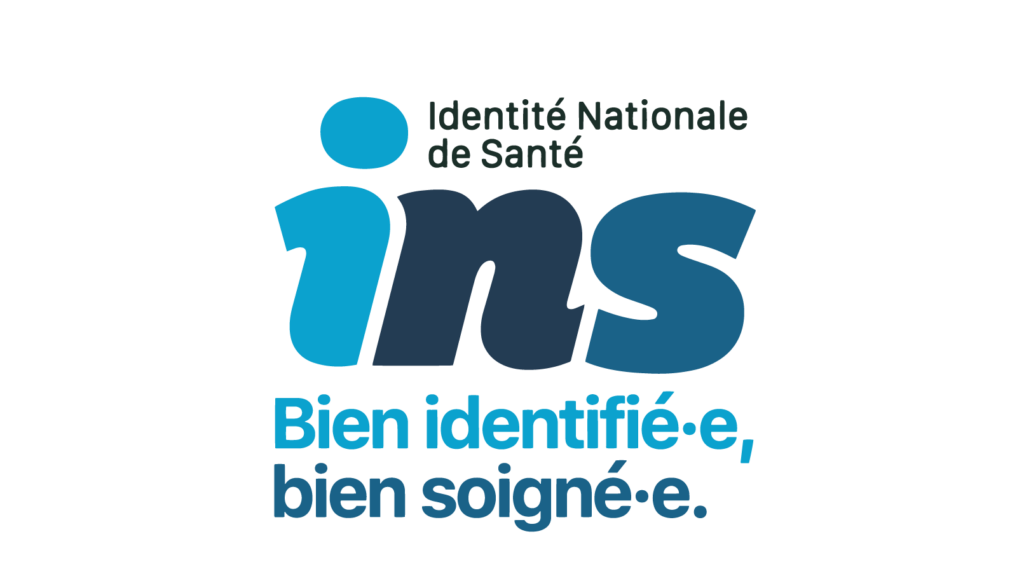 Logo INS Identité Nationale de Santé, bien identifié, bien soigné. Quadri nuances de bleu
