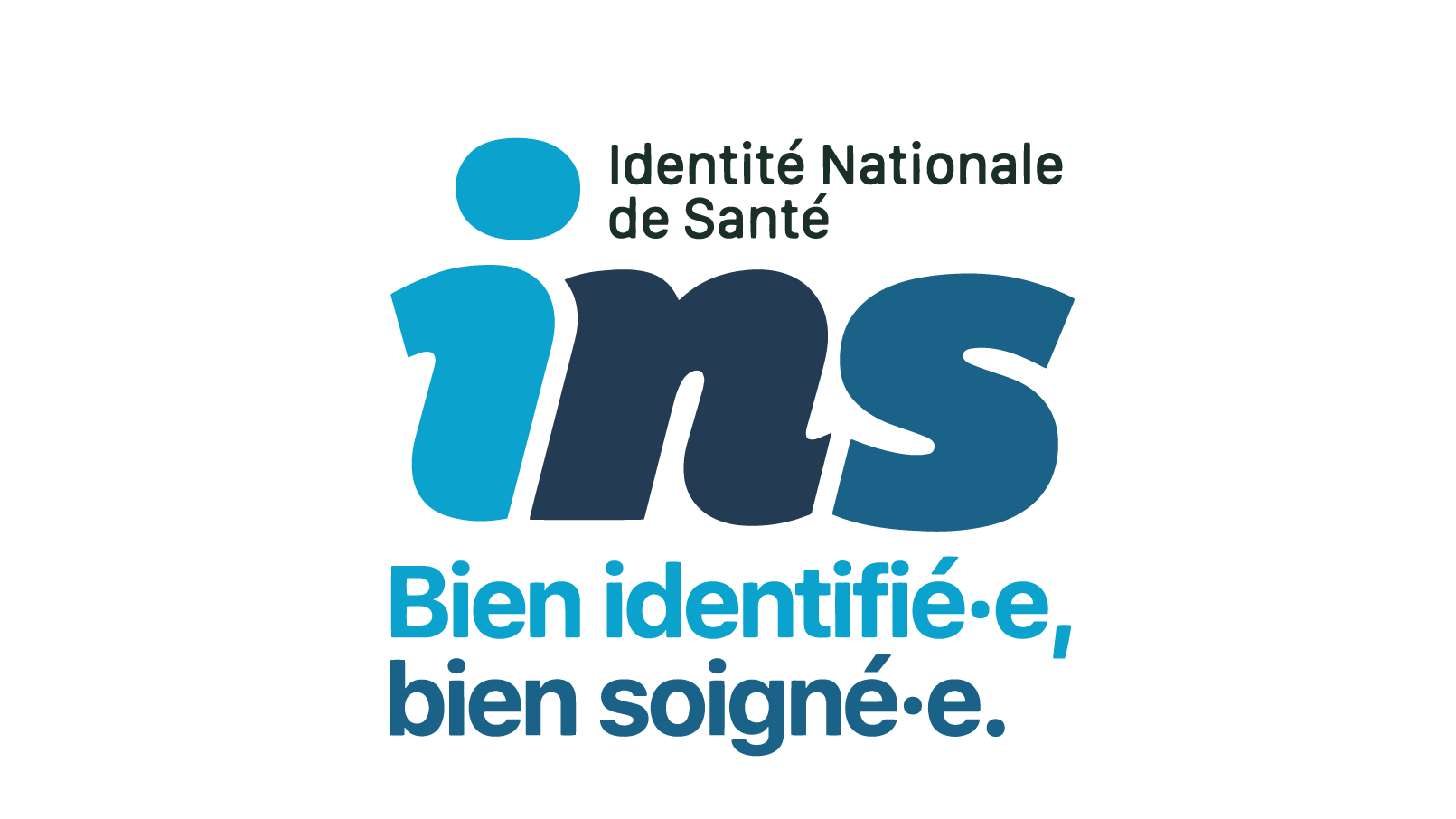 Logo INS Identité Nationale de Santé, bien identifié, bien soigné. Quadri nuances de bleu