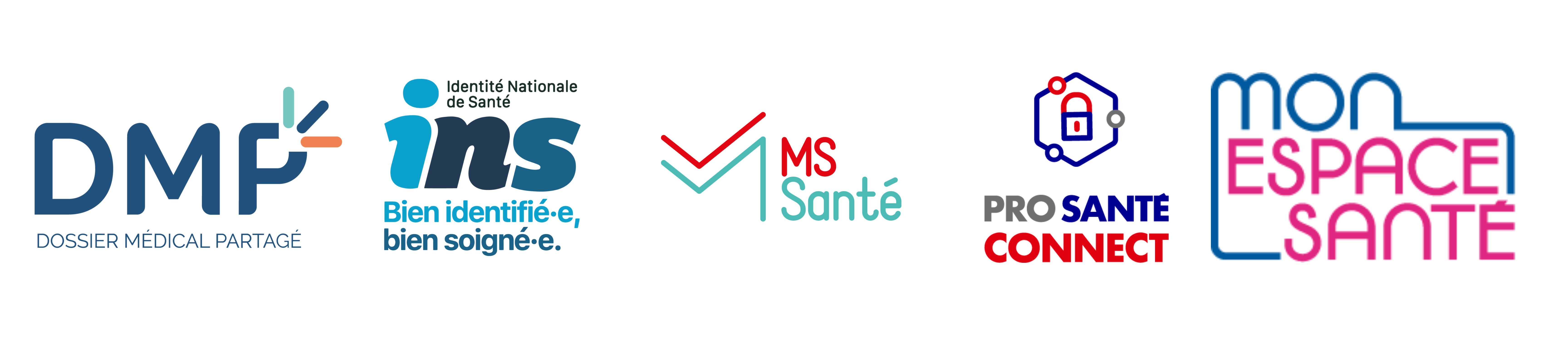 Logos des services socles nationaux (DMP, INS, Mssanté, Pro santé connect, Mon espace santé)